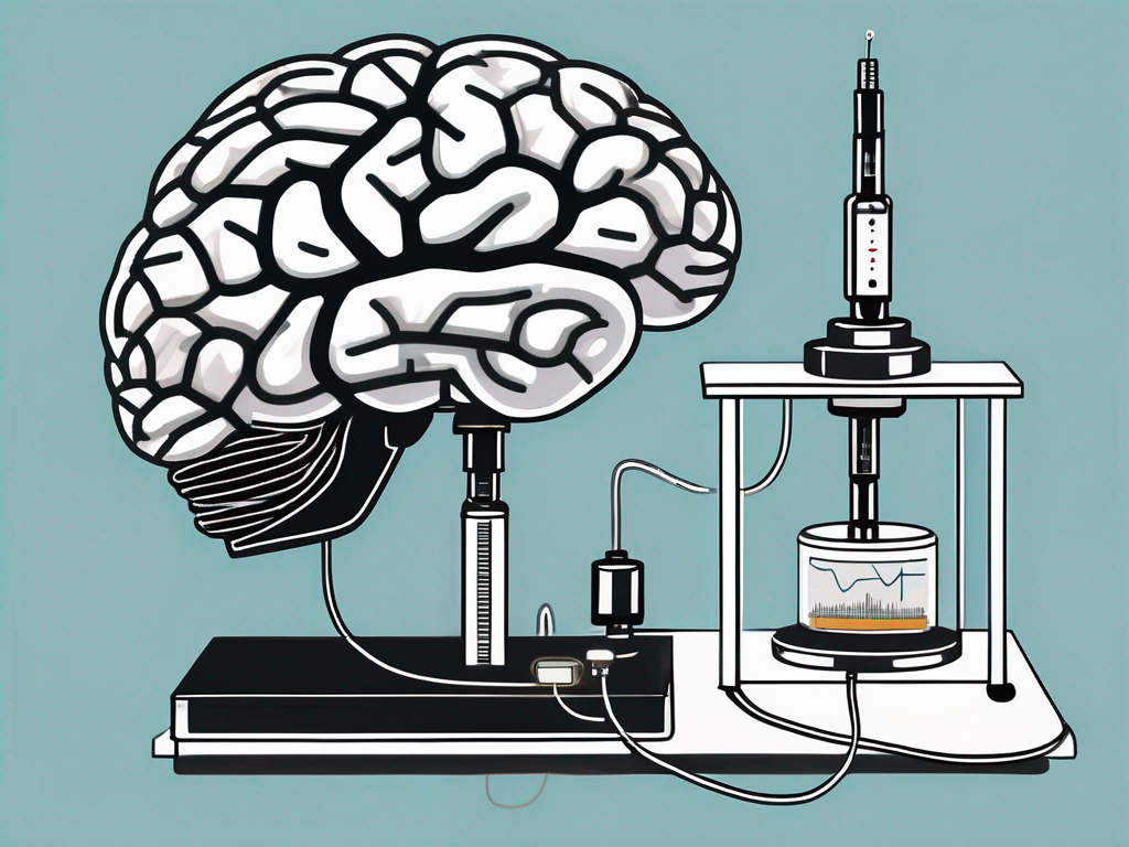 A vintage medical setup showcasing a brain model with electrodes attached