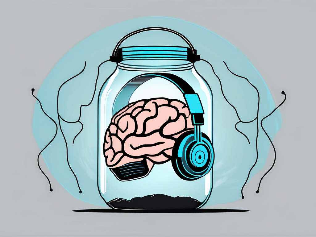 A brain in a glass jar connected to headphones