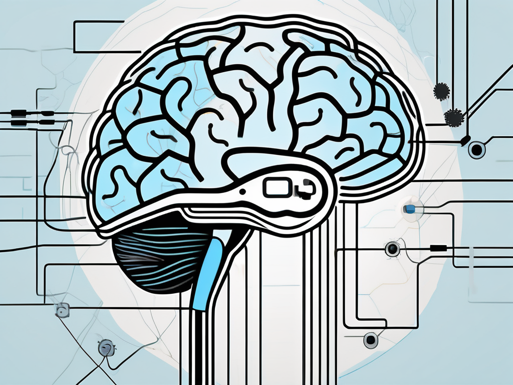 A brain with various areas highlighted and connected to a device