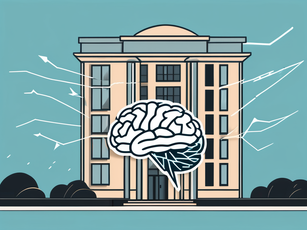 A hospital building with a symbolic depiction of a brain and lightning bolt