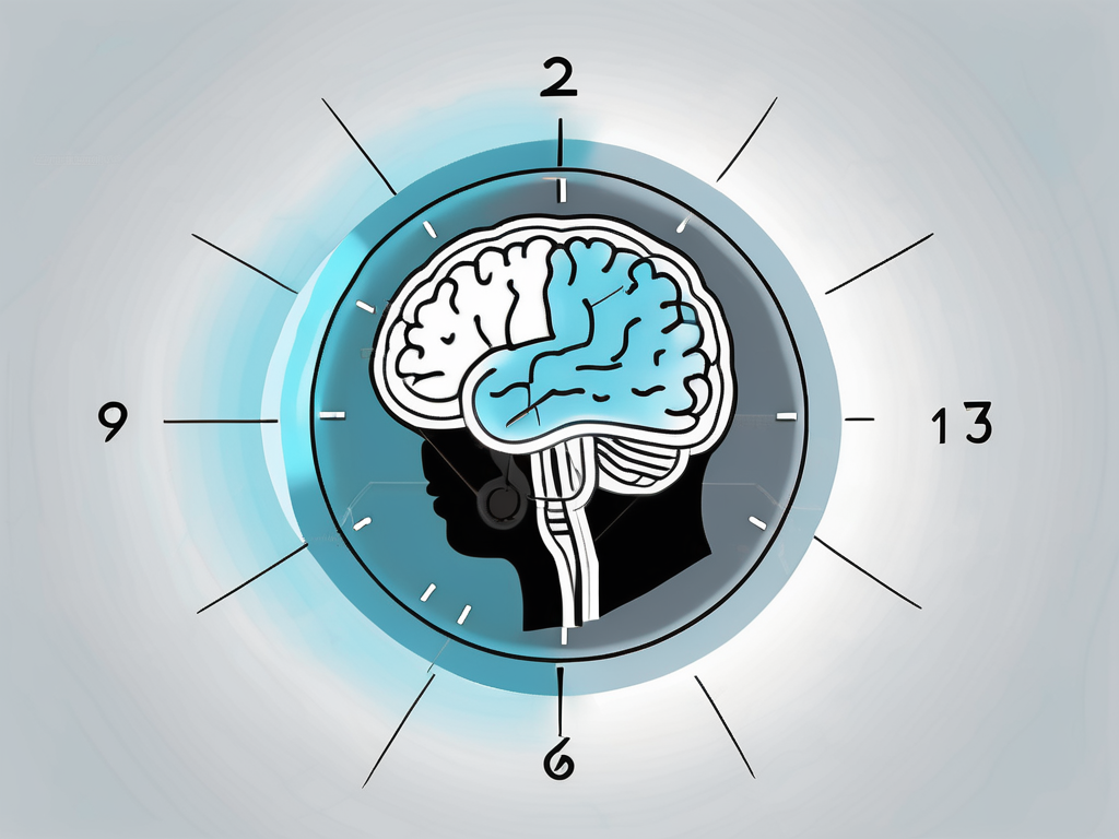 A brain with highlighted areas and a clock symbol to represent the concept of time and effectiveness of deep brain stimulation