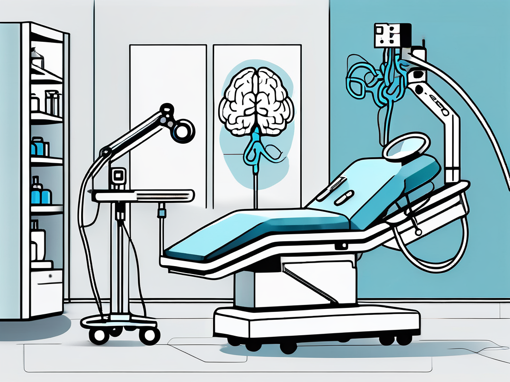 A hospital setting with a focus on a brain model and medical tools related to deep brain stimulation