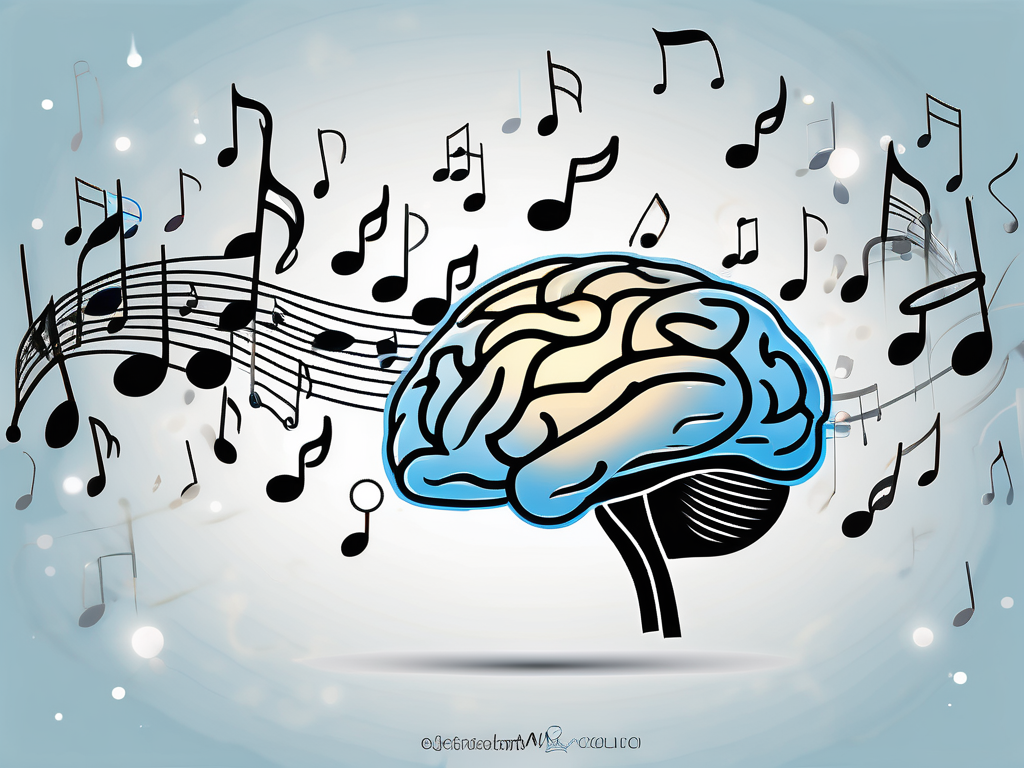 A brain with musical notes flowing into it