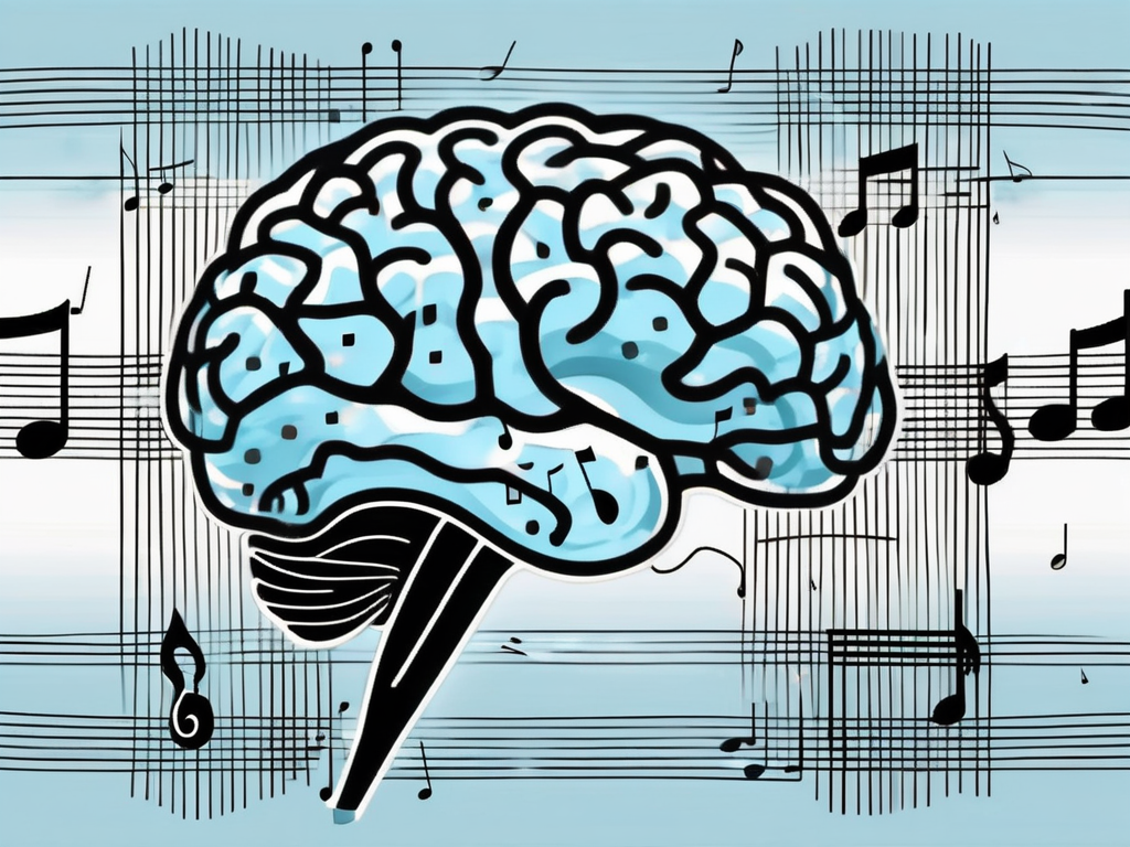 A brain with musical notes and electrical waves flowing through it