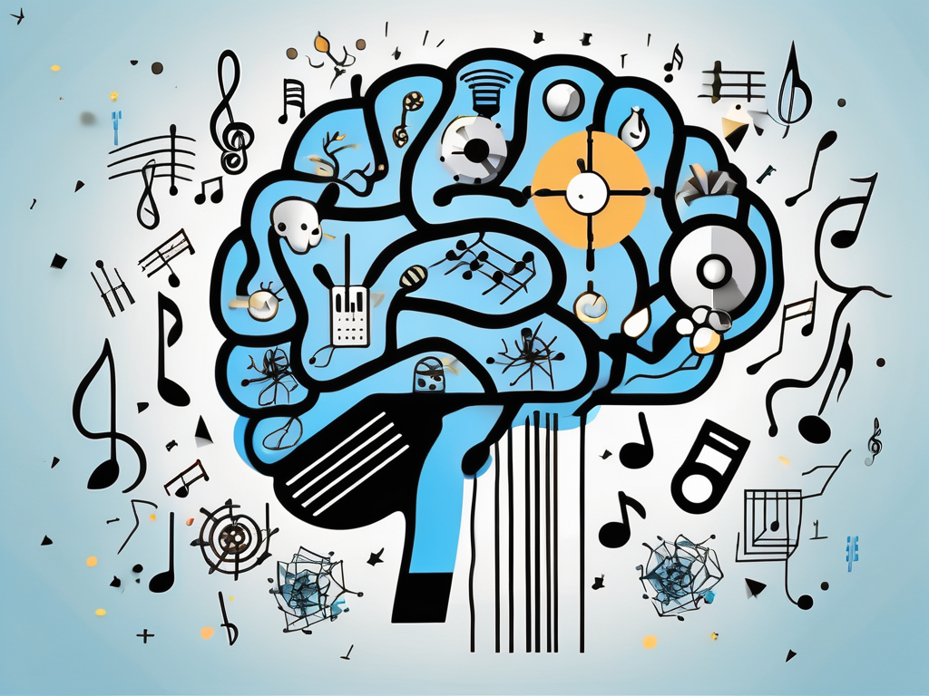 A brain surrounded by various symbols of stimulation such as music notes