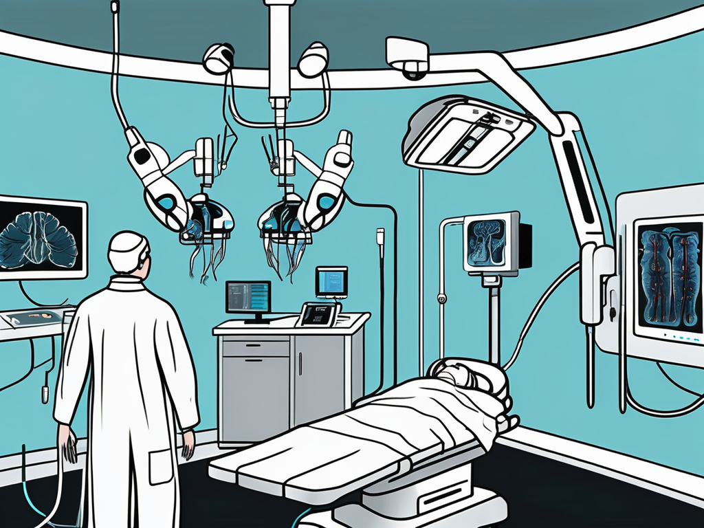 A medical environment featuring a neurosurgical operating room with a focus on the advanced surgical tools used for deep brain stimulation surgery