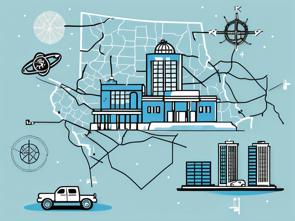 A stylized map of kansas with symbolic icons of medical buildings scattered across