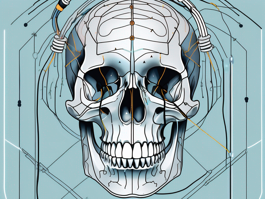 A human skull with highlighted areas indicating regions targeted in deep brain stimulation surgery