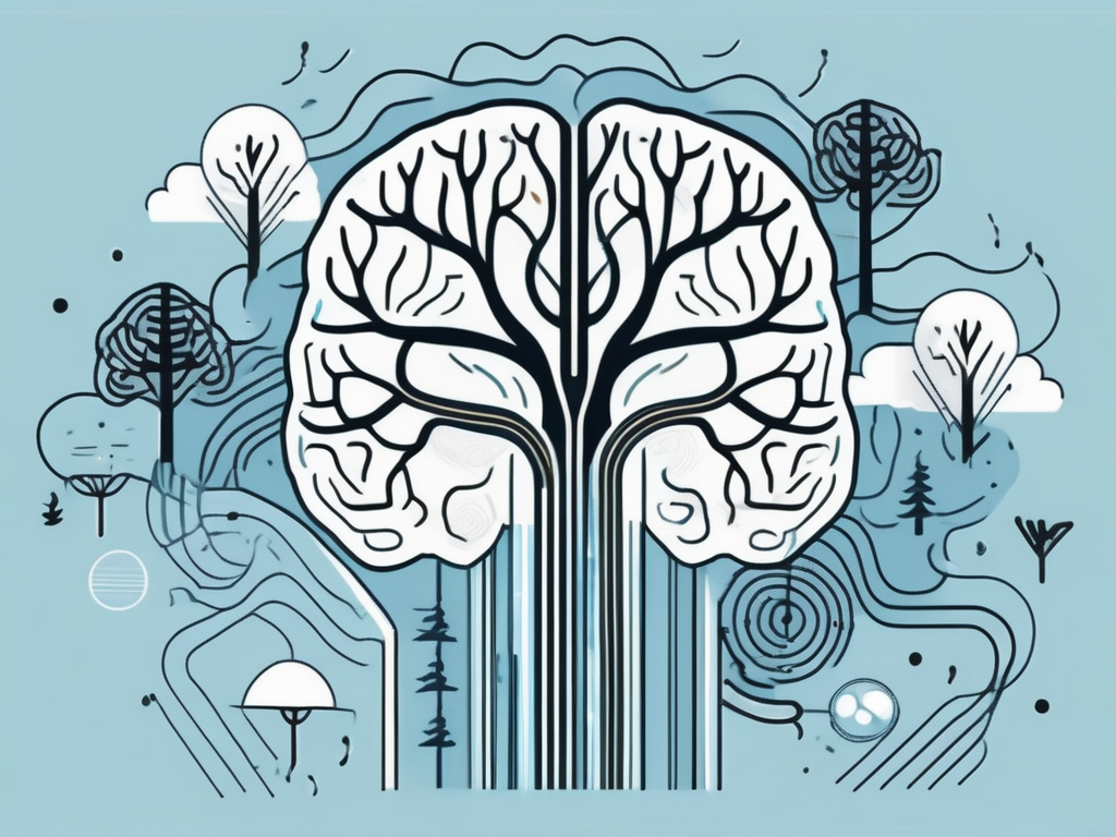 The human brain surrounded by various environmental elements like trees