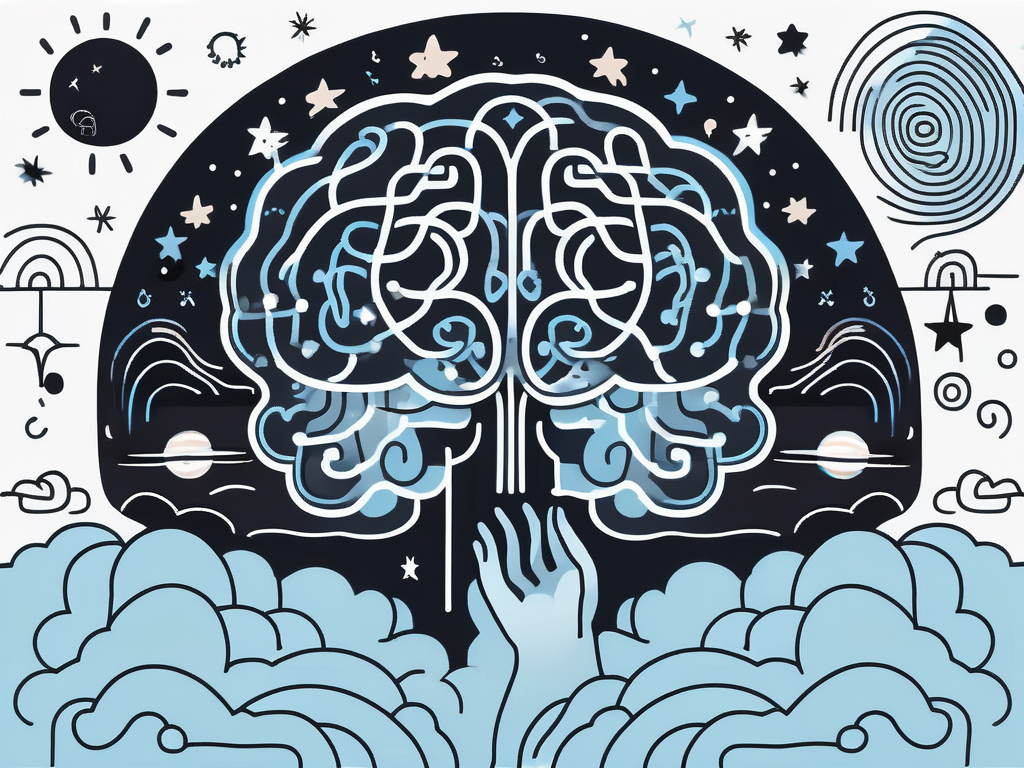 A brain surrounded by dreamlike symbols such as clouds