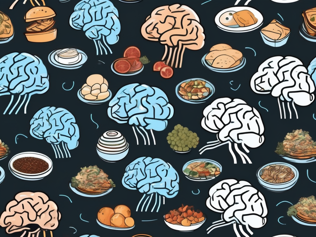 A brain with different areas highlighted and connected to various types of food