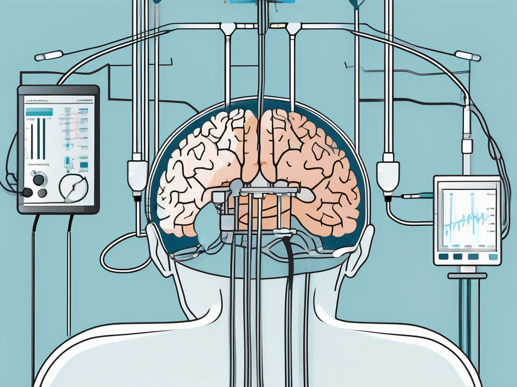 A brain with highlighted areas indicating deep brain stimulation points