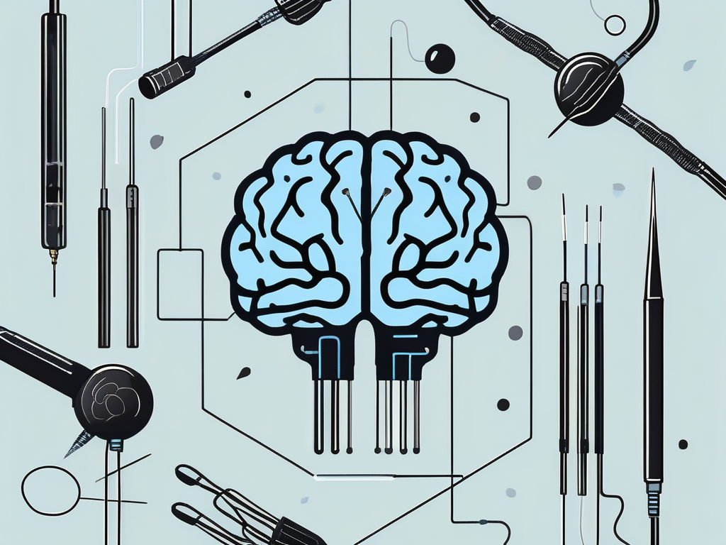 A brain with various scientific tools like electrodes and probes attached to it