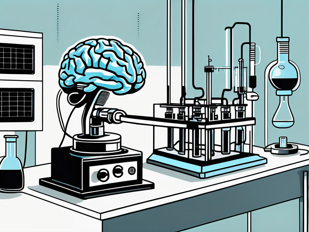 An old-fashioned scientific laboratory with a vintage electrical stimulation apparatus connected to a brain model