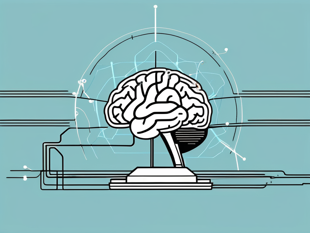 A human brain with small electrical currents emitting from a device placed on top of a stylized representation of a scalp