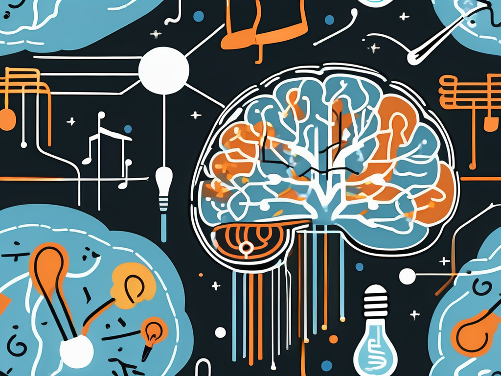 A brain with different sections illuminated by various symbolic elements such as musical notes