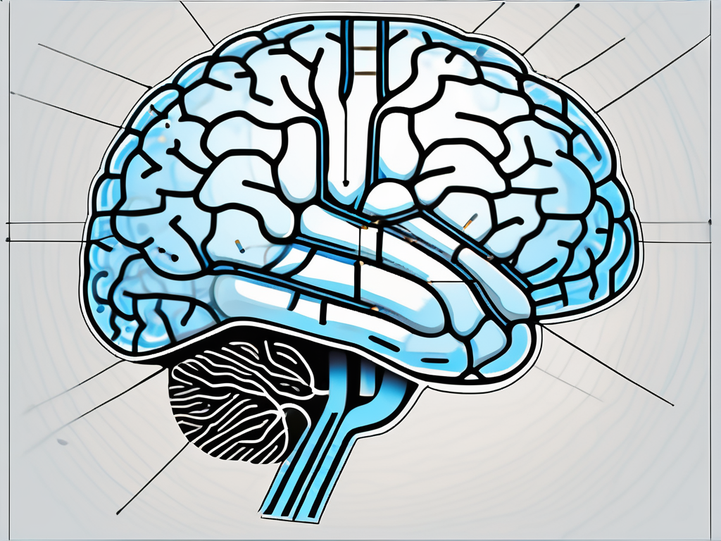 A brain with various sections illuminated and connected by electrical impulses