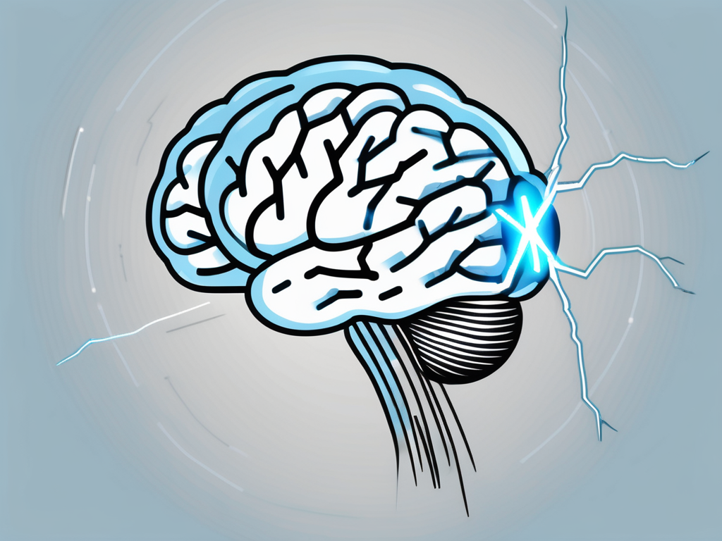 A brain with different sections highlighted and a lightning bolt symbol indicating electrical stimulation