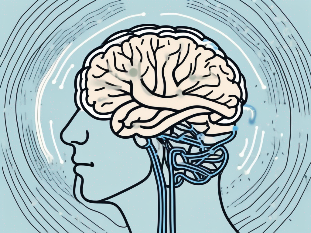 A brain with the vagus nerve highlighted and small lightning bolts indicating stimulation