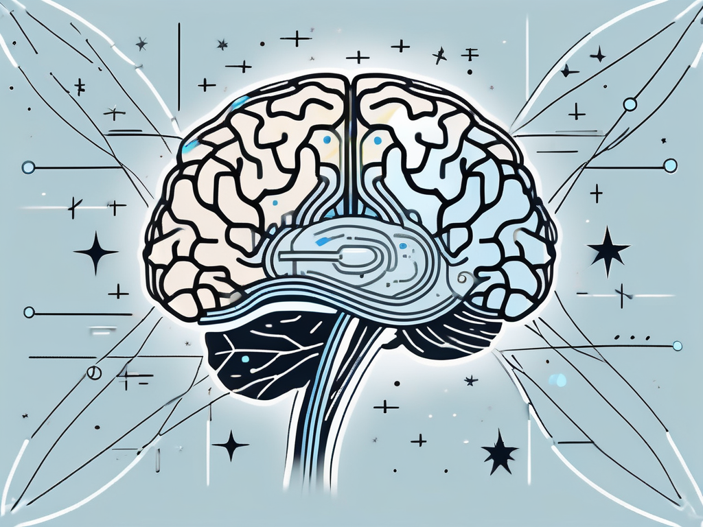 A human brain with various parts highlighted and interconnected pathways