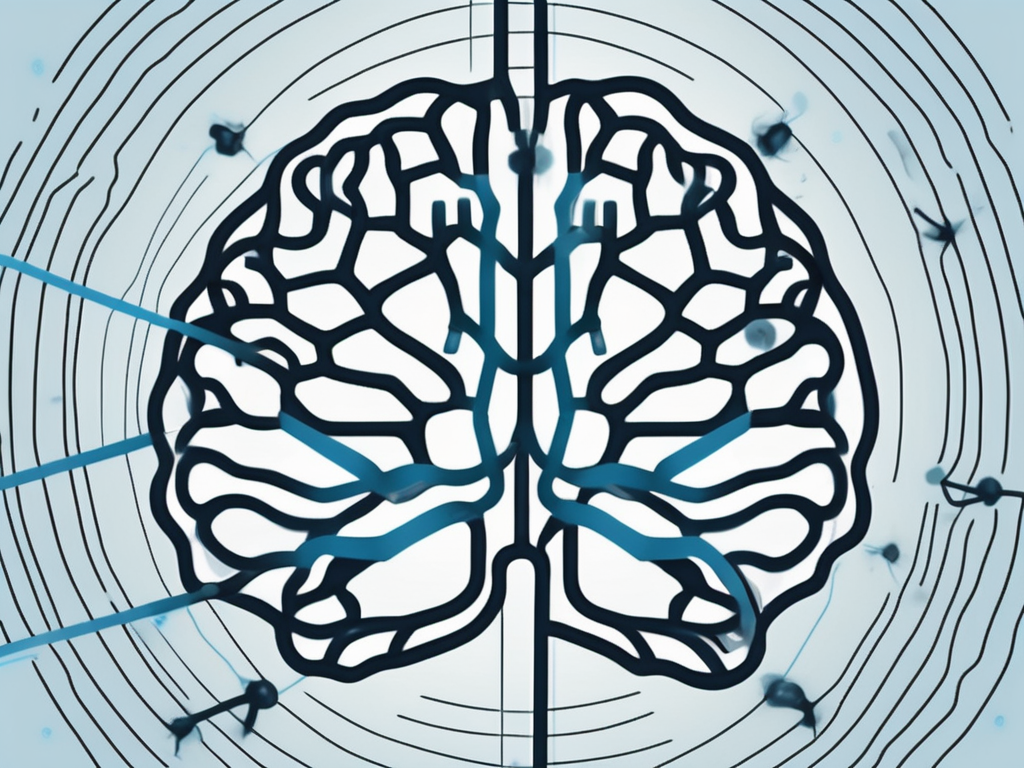 A brain with highlighted areas being targeted by thin beams