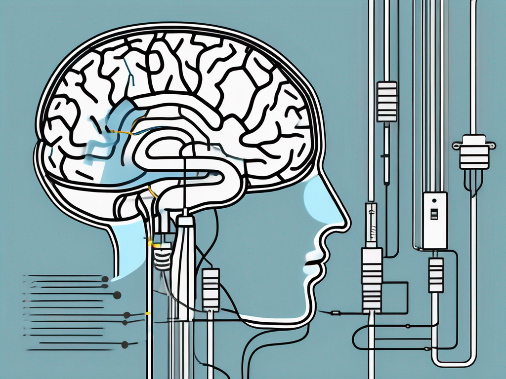 A brain with various sections highlighted and a small device emitting signals to those areas