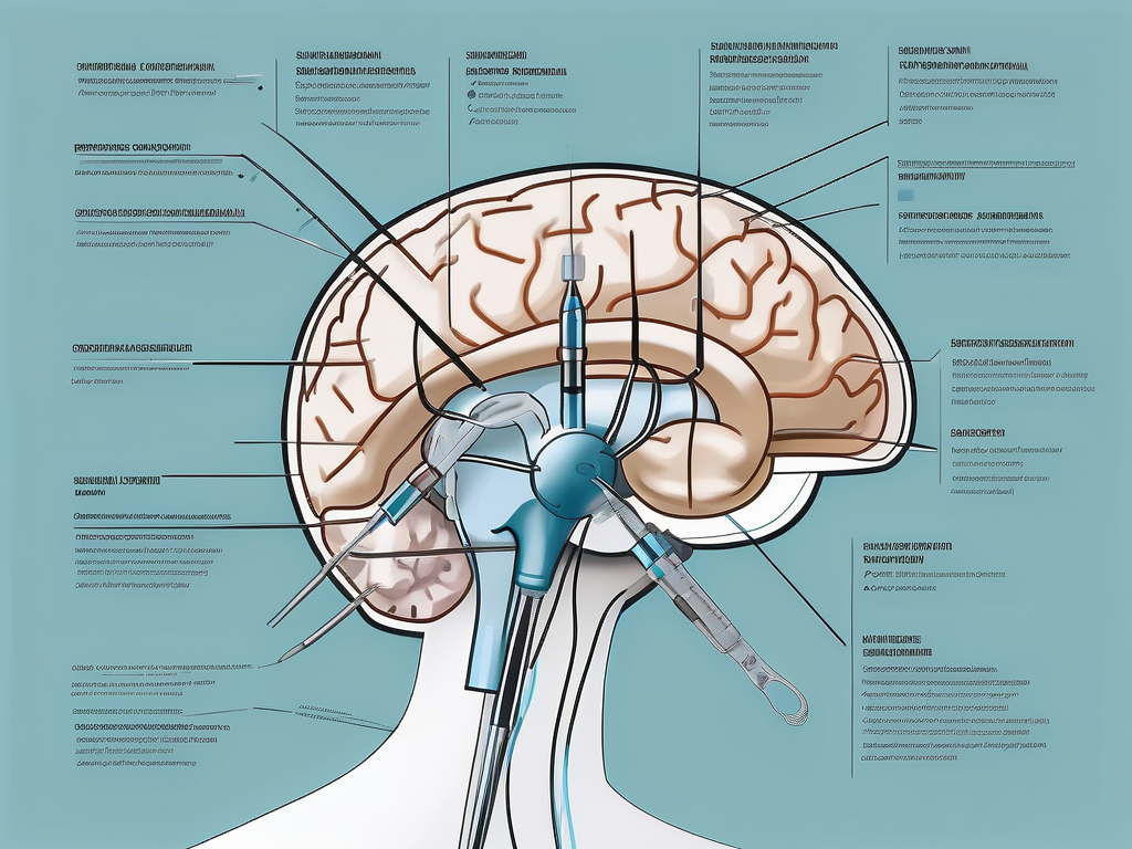 A detailed brain with highlighted areas indicating the regions targeted in deep brain stimulation surgery