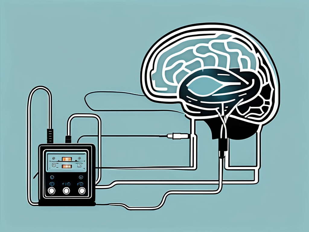 A vintage-style electrical stimulation machine with wires leading to a silhouette of a human brain