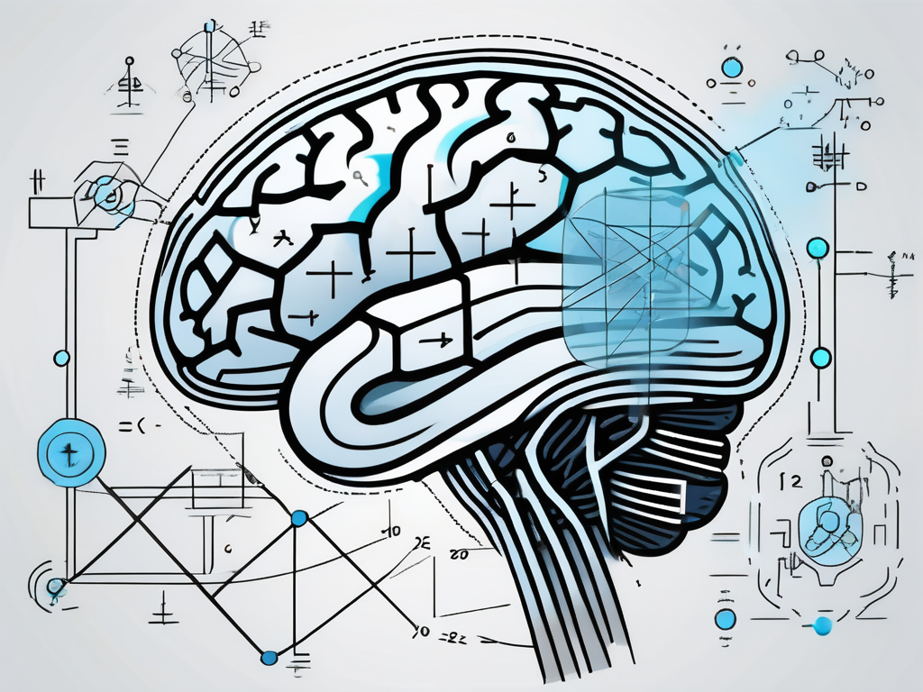 A brain with highlighted areas connected to a stylized