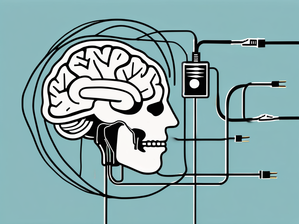 A vintage electrical stimulation device connected to a stylized human brain