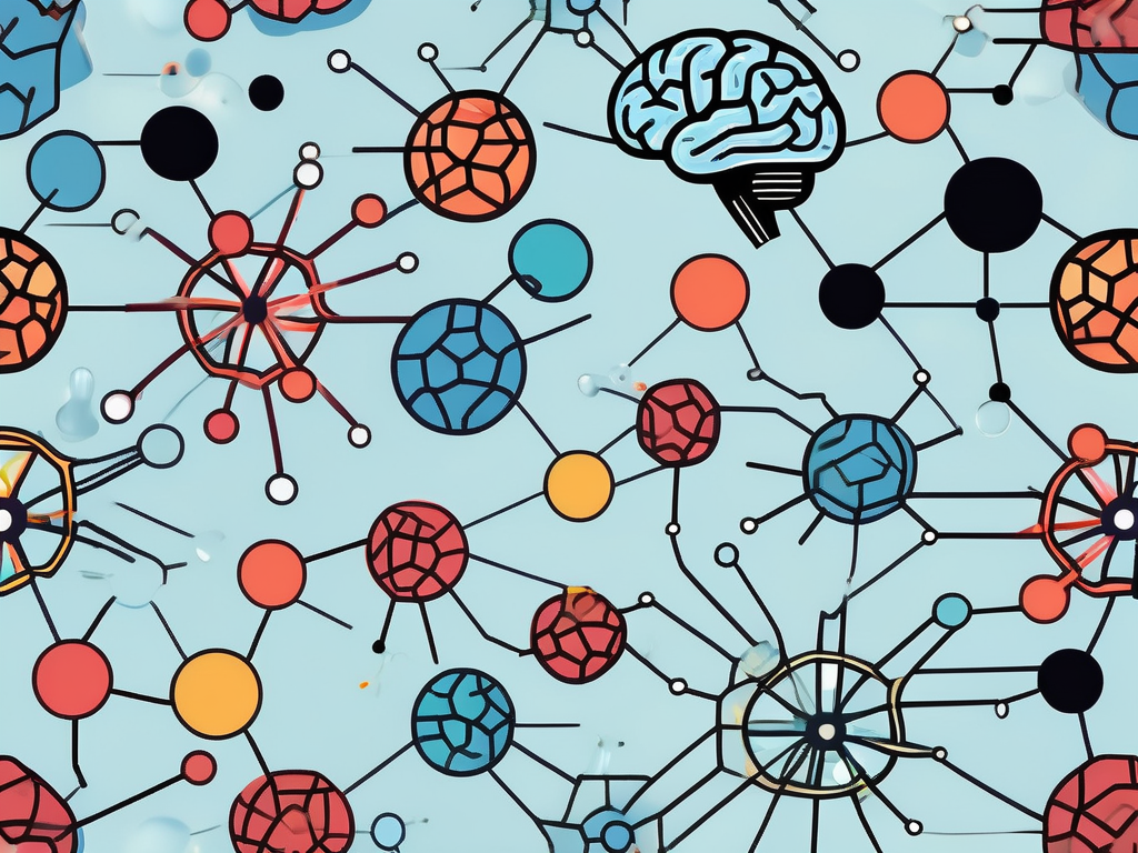 A brain with various colorful chemical structures floating around it