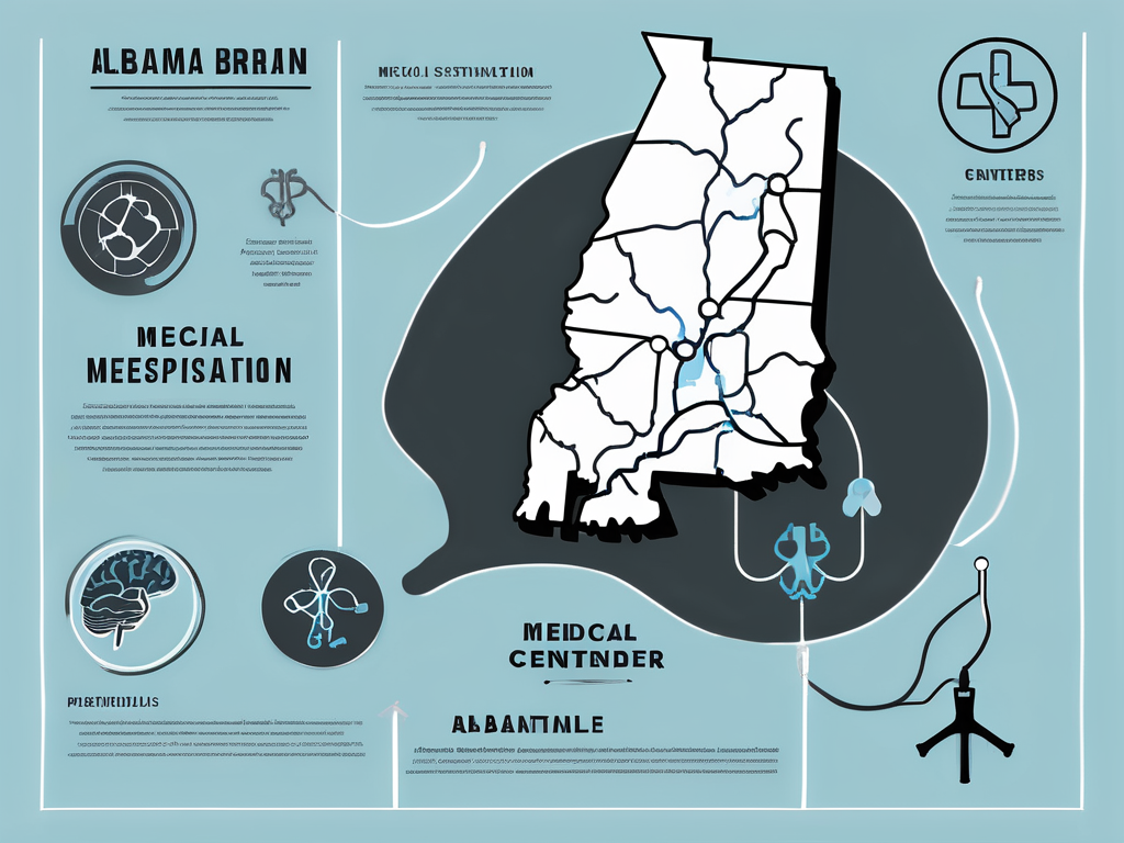 A stylized map of alabama with symbolic representations of medical facilities