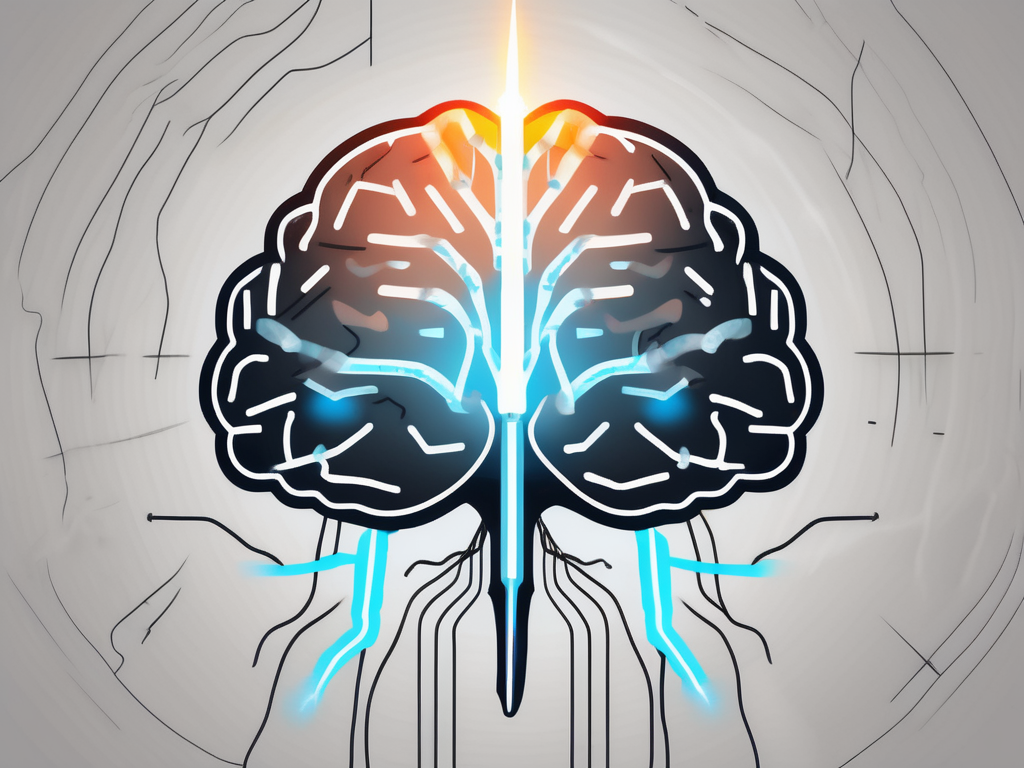 A brain with different areas highlighted and lightning bolts symbolizing stimulation