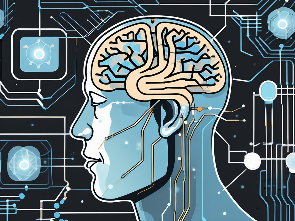 A brain with various areas highlighted and connected to a stylized representation of a non-specific electrical device