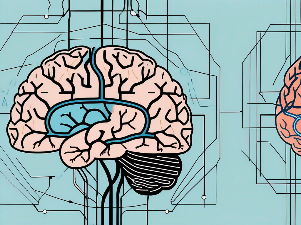 A brain with various sections highlighted and electrical impulses symbolizing deep brain stimulation